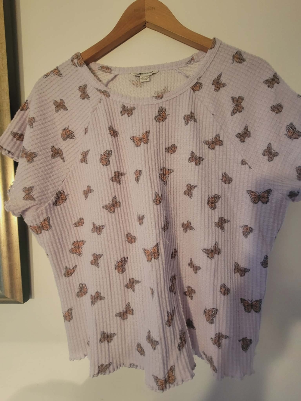 American Eagle Outfitters Lavender Waffle Knit Top with Orange Print